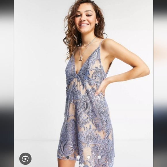 Free People Night Shimmers Pastel Blue Sequinced Mini Babydoll Dress. Size 4 - Picture 5 of 14